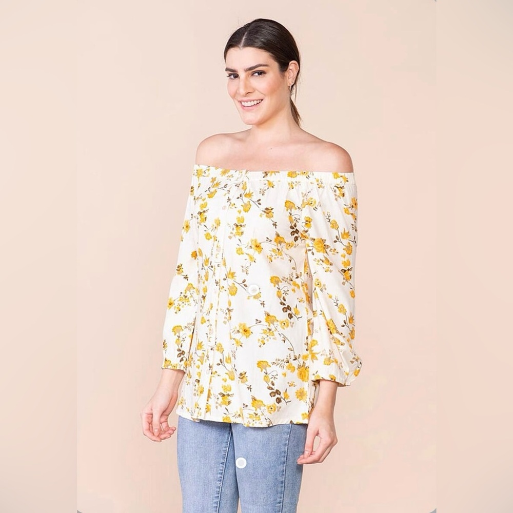 Tamsy Yellow Floral Pattern Off Shoulder Womens Top In Medium New W Tags